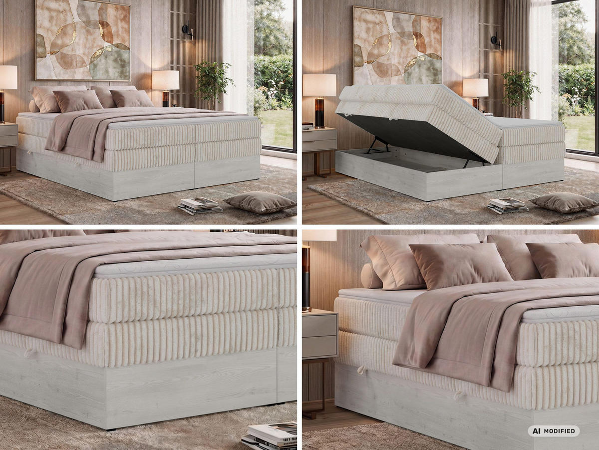 BOXSPRINGBETT NORDIC ZERO KING 200/200 - Beige Cord - Topper Visco - H3 - Beige/Schwarz, Kunststoff/Textil (200/200cm) - MKS