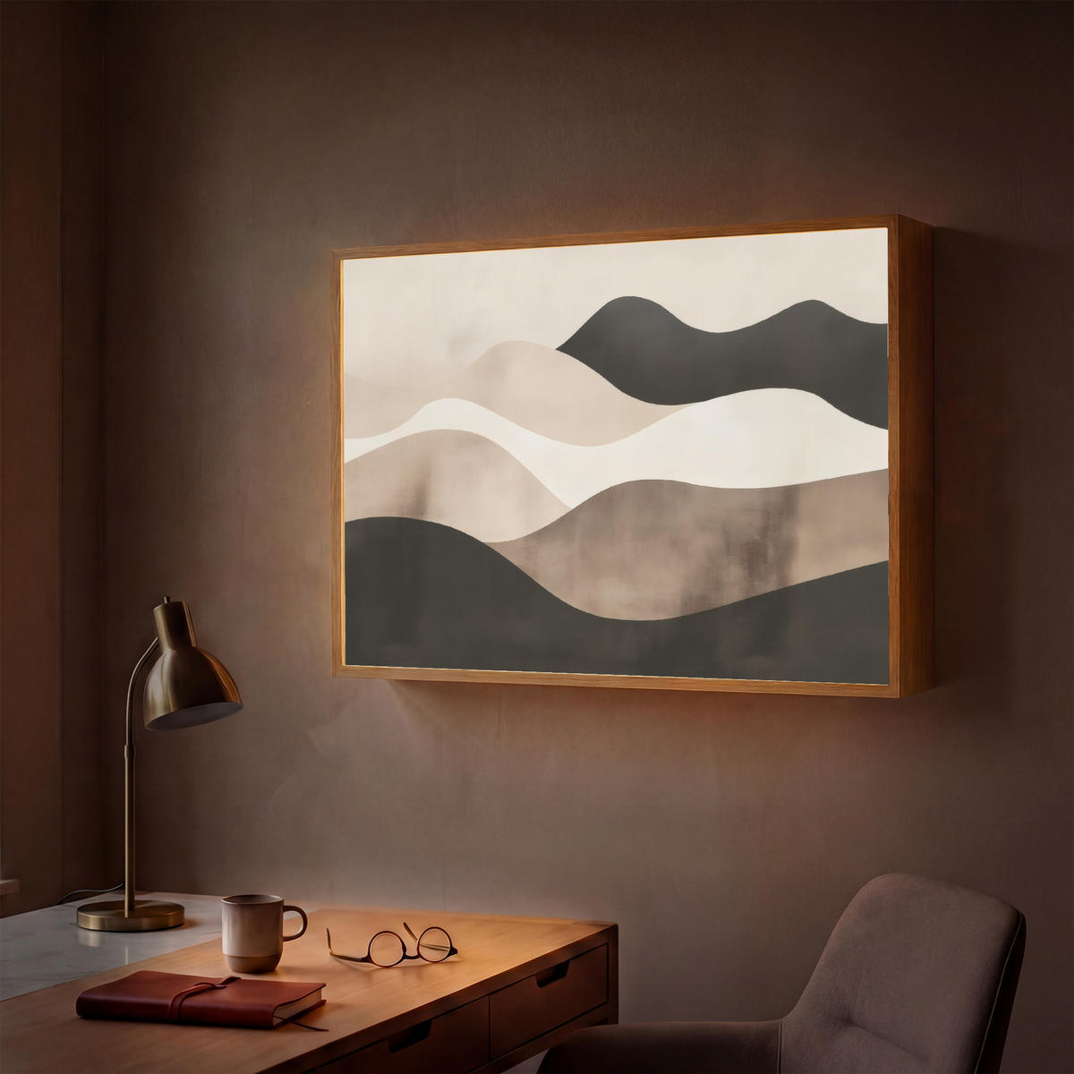 NÁSTĚNNÁ LAMPA S AKUMULÁTOREM Abstraktní - Krajina - Vlny - Krémová barva 90x60 cm - šedohnědá, kompozitní dřevo (90/60/8cm) - OnlyWow