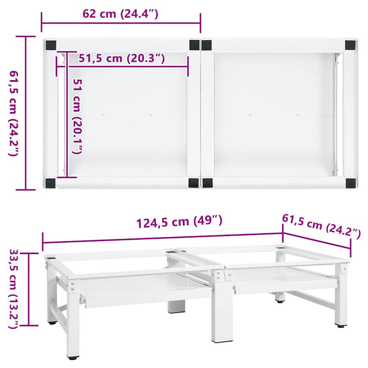 UNTERGESTELL Für Wasch- Und Trockenmaschine Mit Ausziehablagen - Weiß, Metall (61.5/33.5/124.5cm) - vidaXL