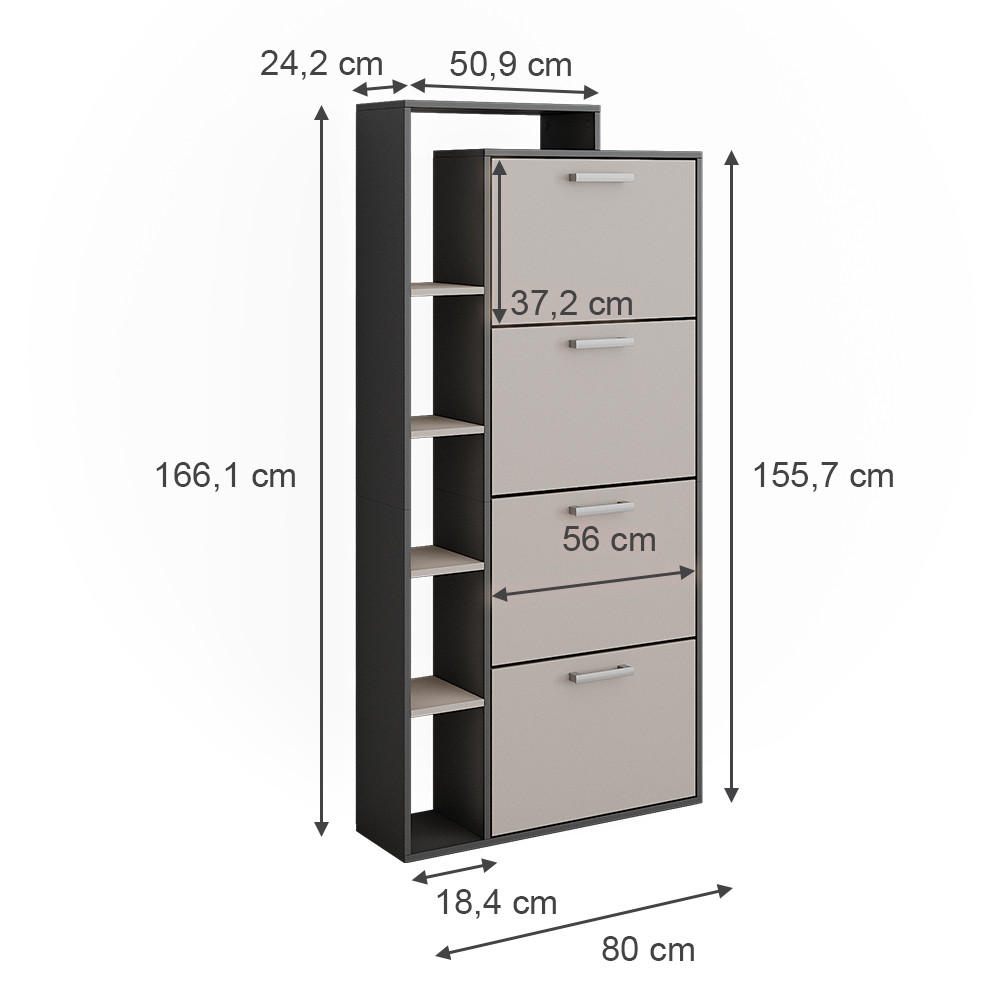 SCHUHKIPPER Orlando Anthrazit/Greige 80 x 166.1 cm mit 4 Fächern - Greige/Anthrazit, Holzwerkstoff (80/166.1/24.2cm) - Vicco