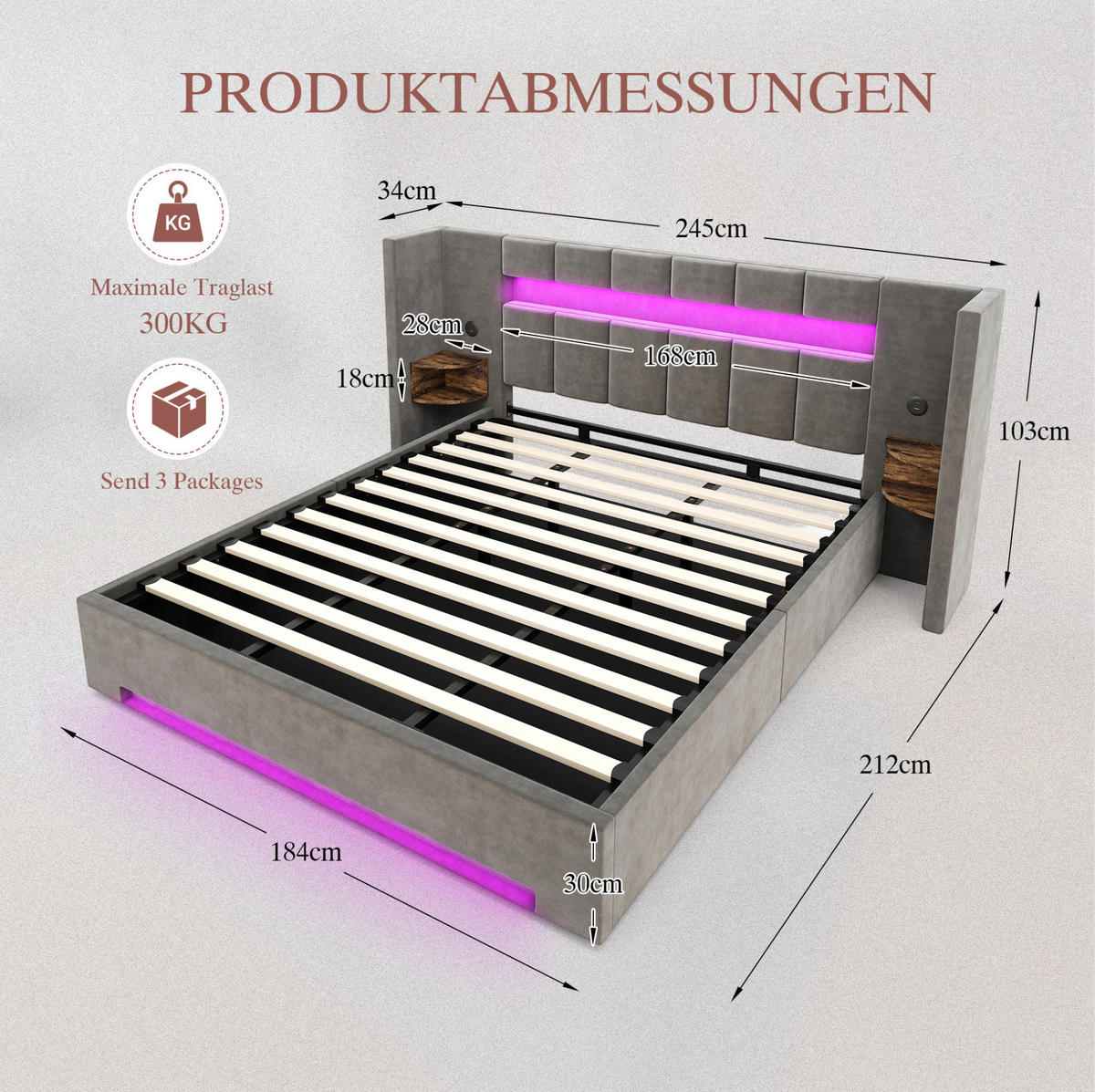 POLSTERBETT 180/200 cm mit USB-Anschlüssen, LED-Beleuchtung, Hydraulik und Stauraum, Dunkelgrau - Dunkelgrau, Textil (180/200cm) - Redom