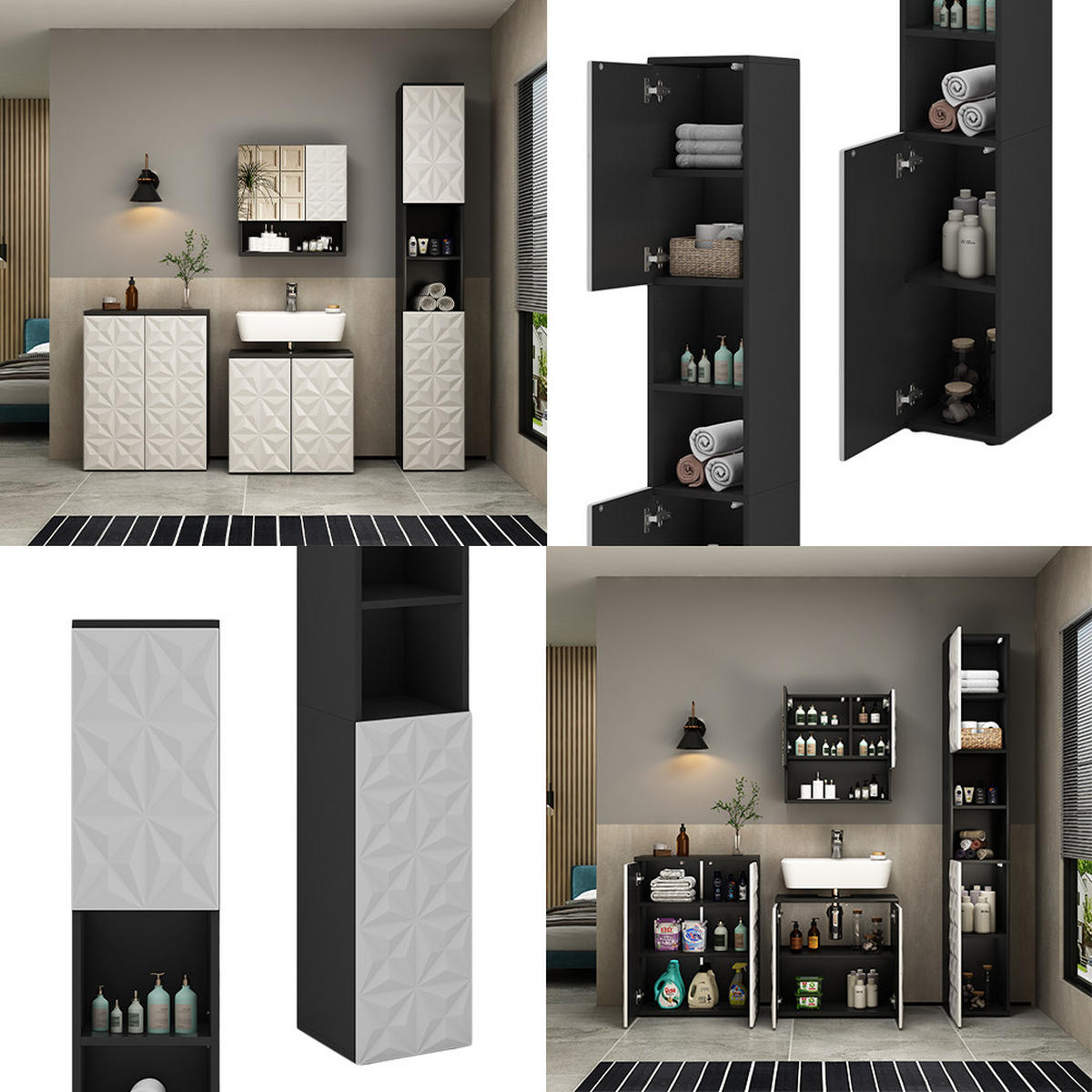 BADSCHRANK Edge Schwarz 30 x 189.5 cm mit 2 Türen und 3 Fächer - Schwarz/Weiß, Holzwerkstoff (30/189.5/30cm) - Vicco
