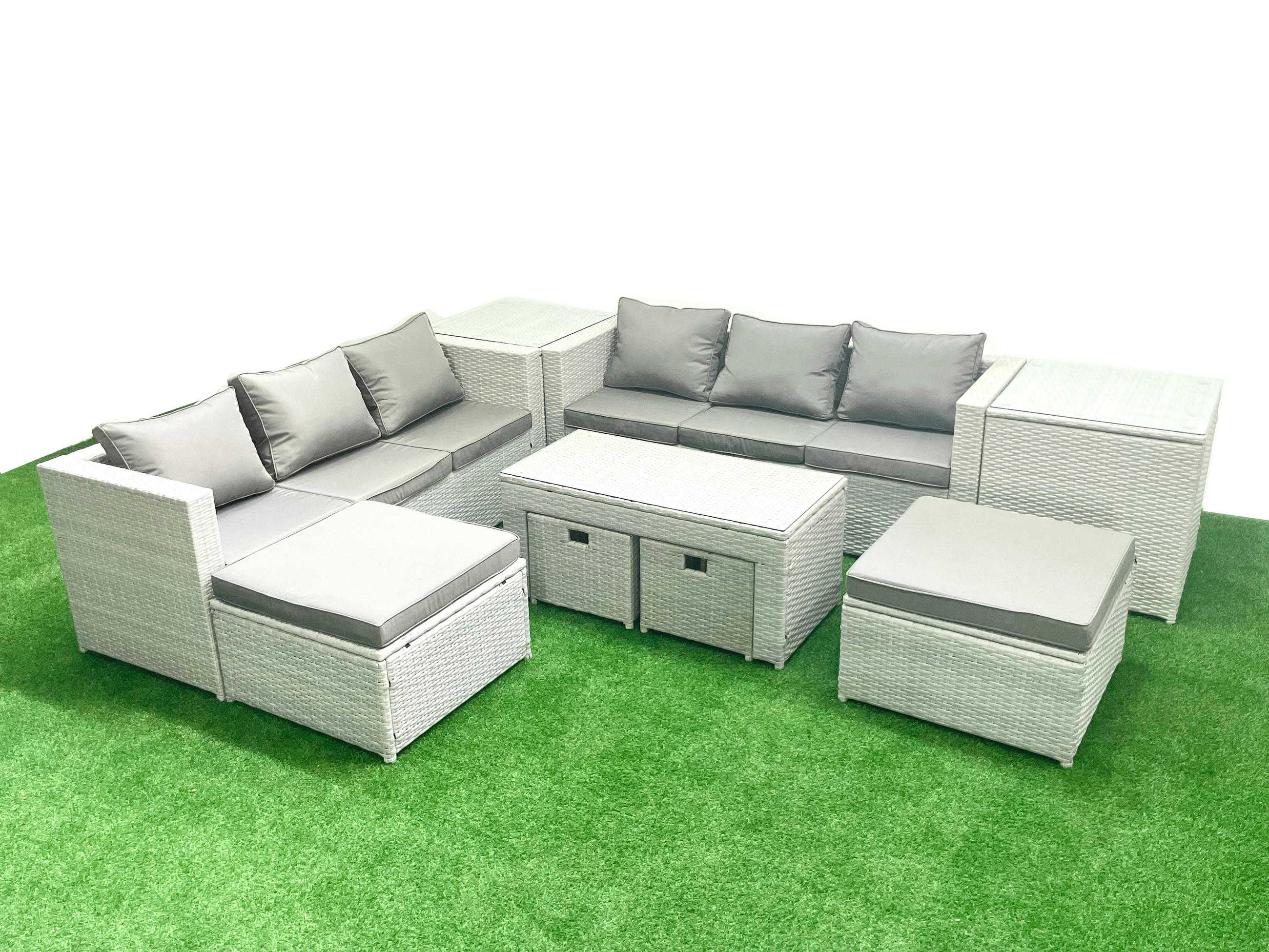 BALKONMÖBEL-SET Polyrattan Hellgrau-Mix 10-teilig - Hellgrau/Grau, Glas/Kunststoff - Fimous