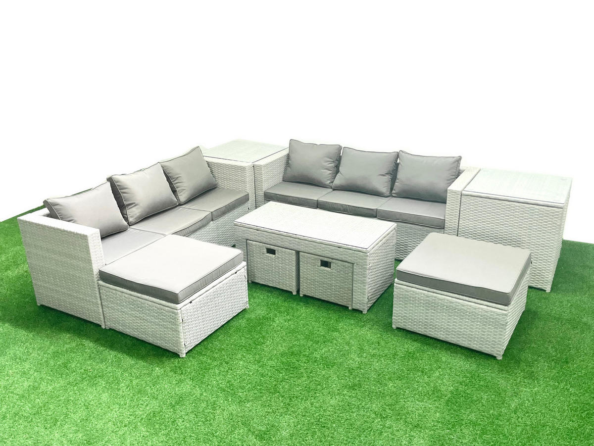 BALKONMÖBEL-SET Polyrattan Hellgrau-Mix 10-teilig - Hellgrau/Grau, Glas/Kunststoff - Fimous