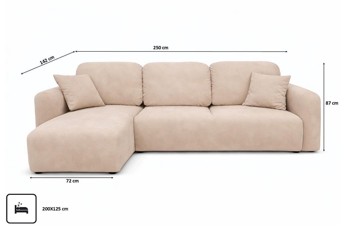 ECKSOFA Mit Schlaffunktion Und Bettkasten, Sofa L-Form Bingo L, Veloursstoff Salvador, Beige, Links - Beige, Holz (250/142cm) - Kaiser Möbel