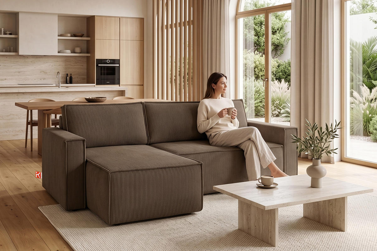 ECKSOFA-LINKS/RECHTS NAPI Schlaffunktion mit Cordbezug, braun - Schwarz/Braun, Textil (246/148cm) - KONSIMO®