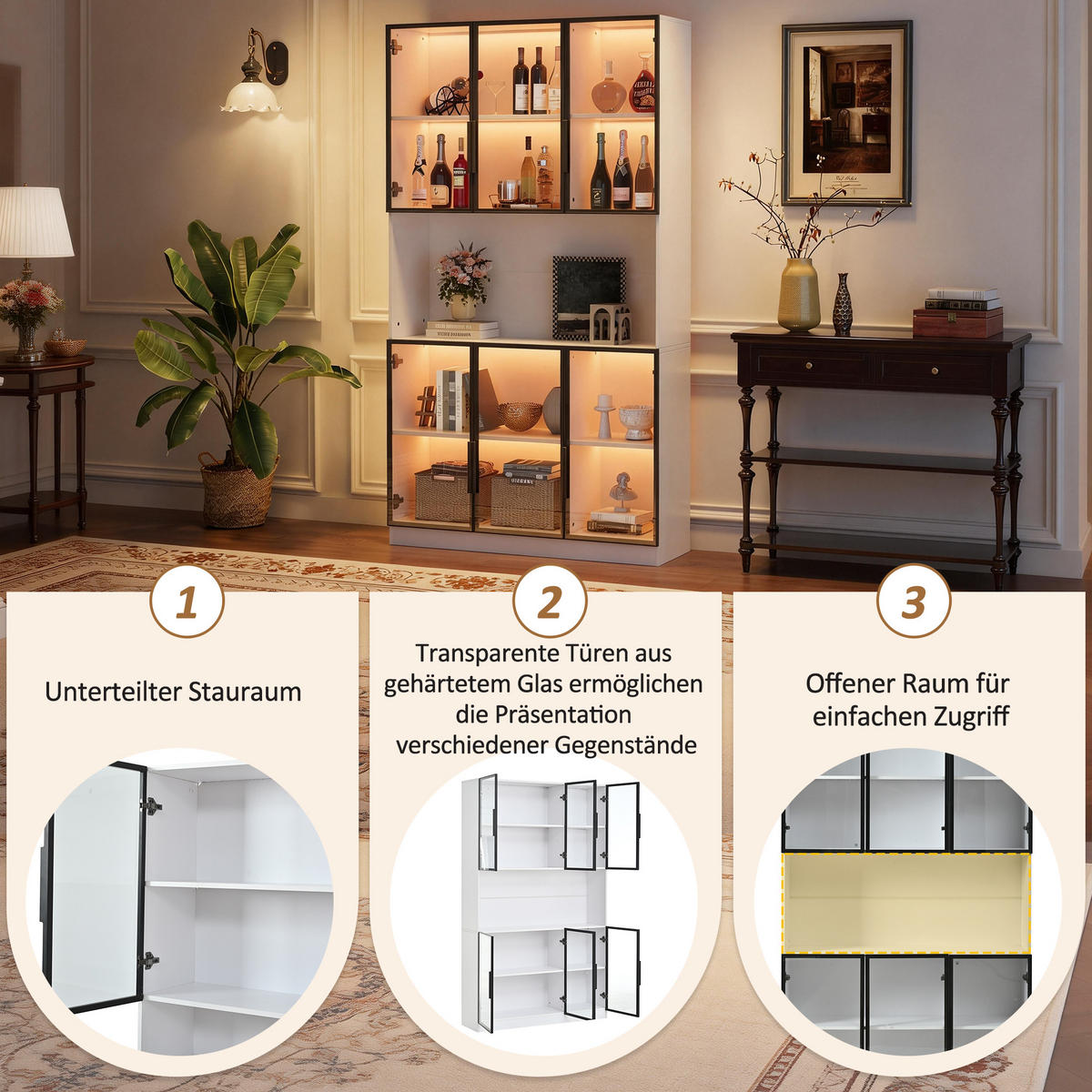 VITRINE in Weiß Highboard mit 6 Türen, LED & Glasfront, Hochschrank für Wohnzimmer/Esszimmer, B120/T34/H200cm - Weiß, Glas/Holzwerkstoff (120/200/34cm) - STILVORA