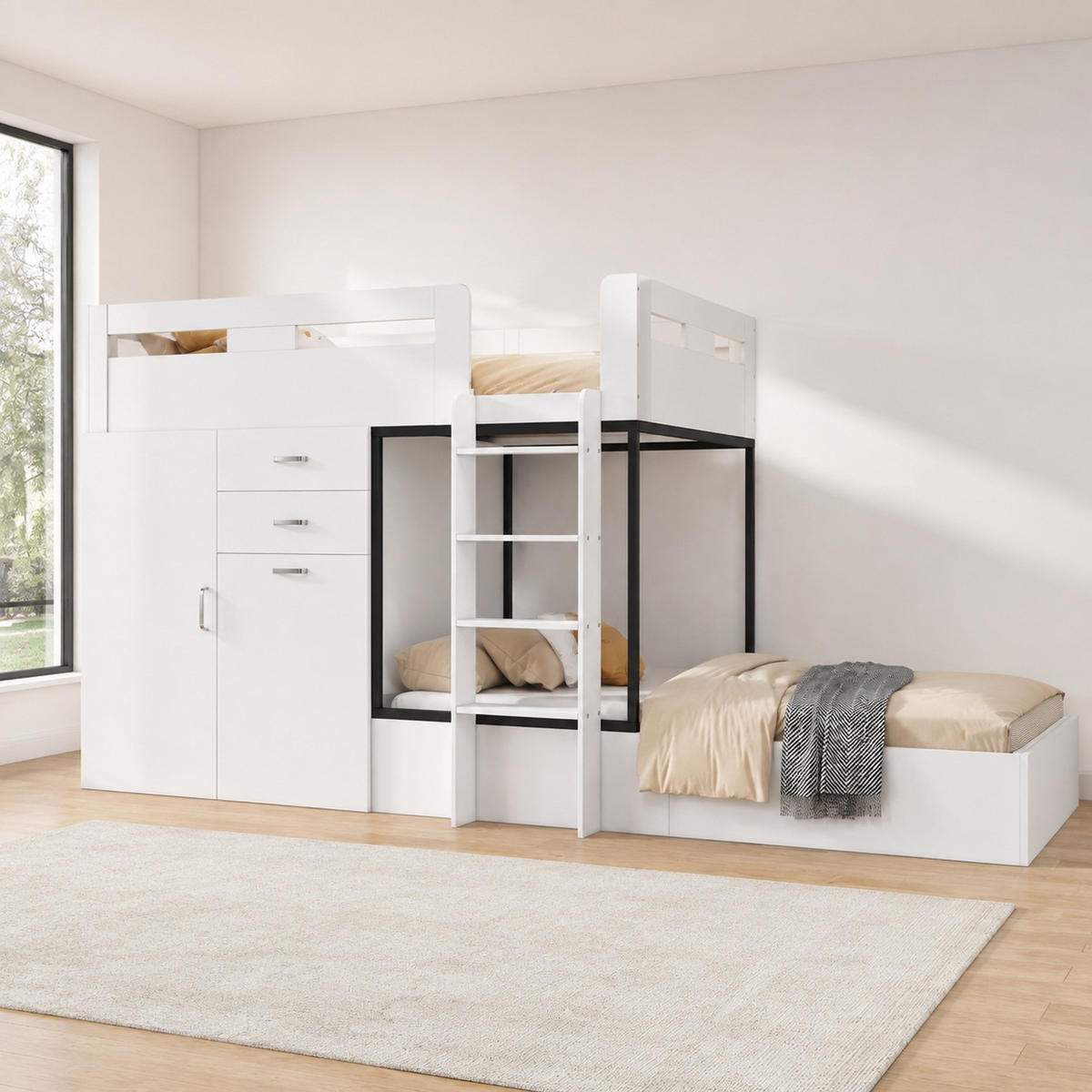 ETAGENBETT 90/200 mit Schreibtisch, Kleiderschrank und Schubladen in Weiß - Weiß, Holzwerkstoff (90/200cm) - EVRYAE