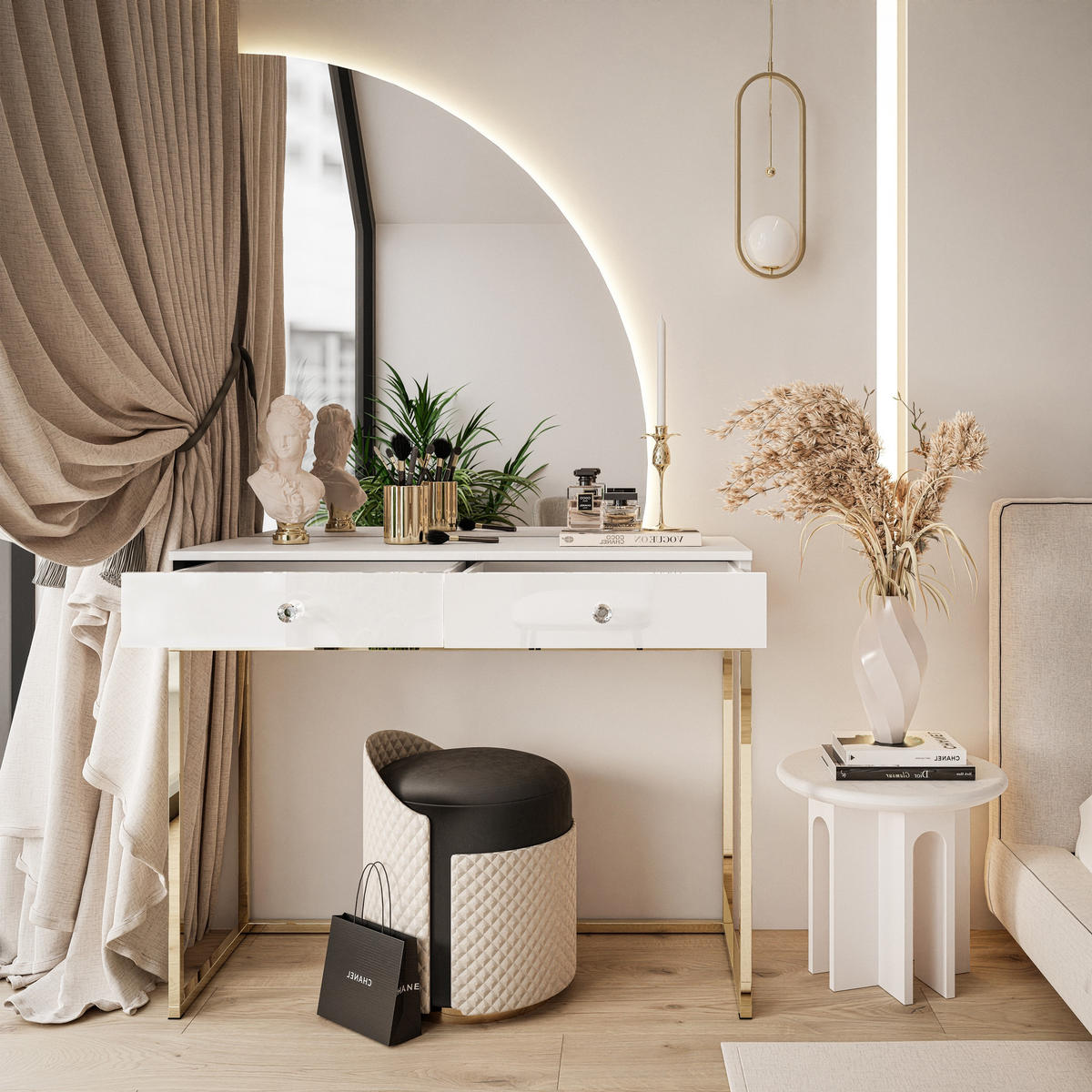 SCHMINKTISCH weiß QUINNIE mit LED-Spiegel gold Chrom rechts Griff Kristall - Goldfarben/Weiß, Holzwerkstoff (100/176/42cm) - Lookway