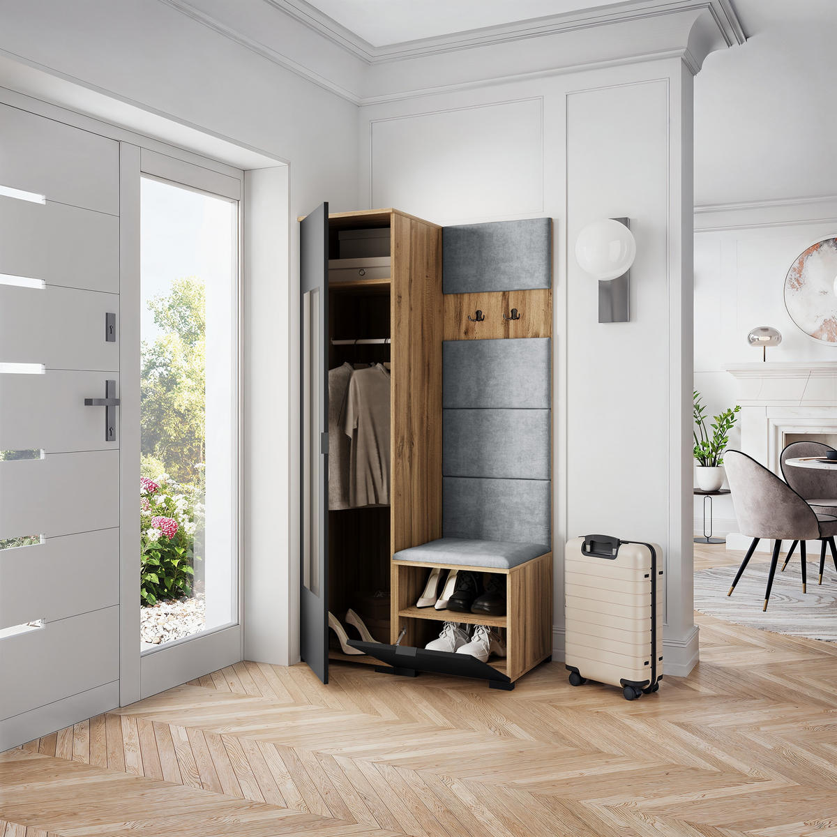 GARDEROBENSCHRANK VIRA 95/181/51 cm Modern Eiche Wotan - Eiche Wotan/Hellgrau, Holzwerkstoff (95/181/51cm) - MASSENO