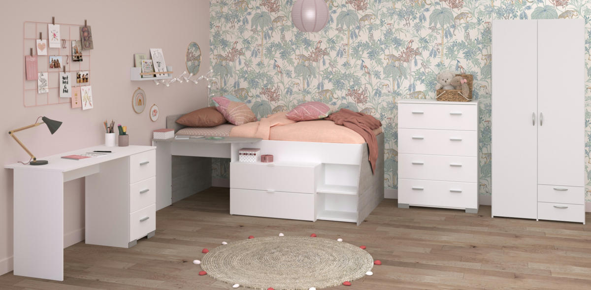 KINDERZIMMER weiß, grau, Komplett-Set 4-teilig mit viel Stauraum - Silberfarben/Weiß, Holzwerkstoff/Kunststoff (135/185/203cm) - Parisot Meuble