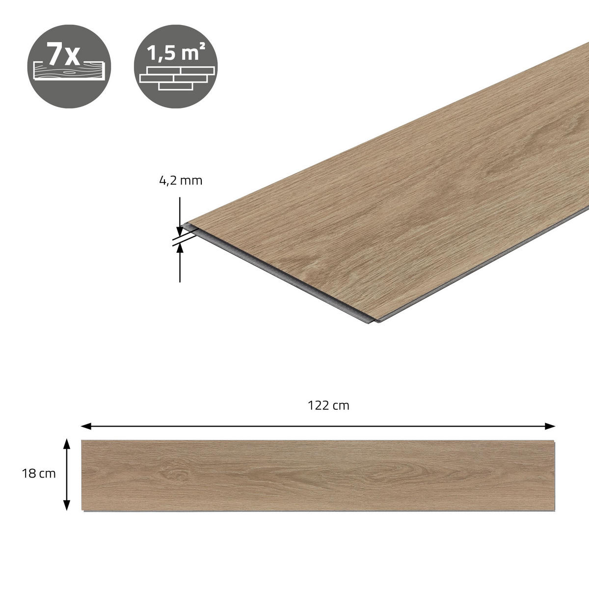 VINYLBODEN Click 1,54m²/7 Dielen Golden Hour Eiche - Hellbraun, Kunststoff (122/18/0.42cm) - ML-DESIGN