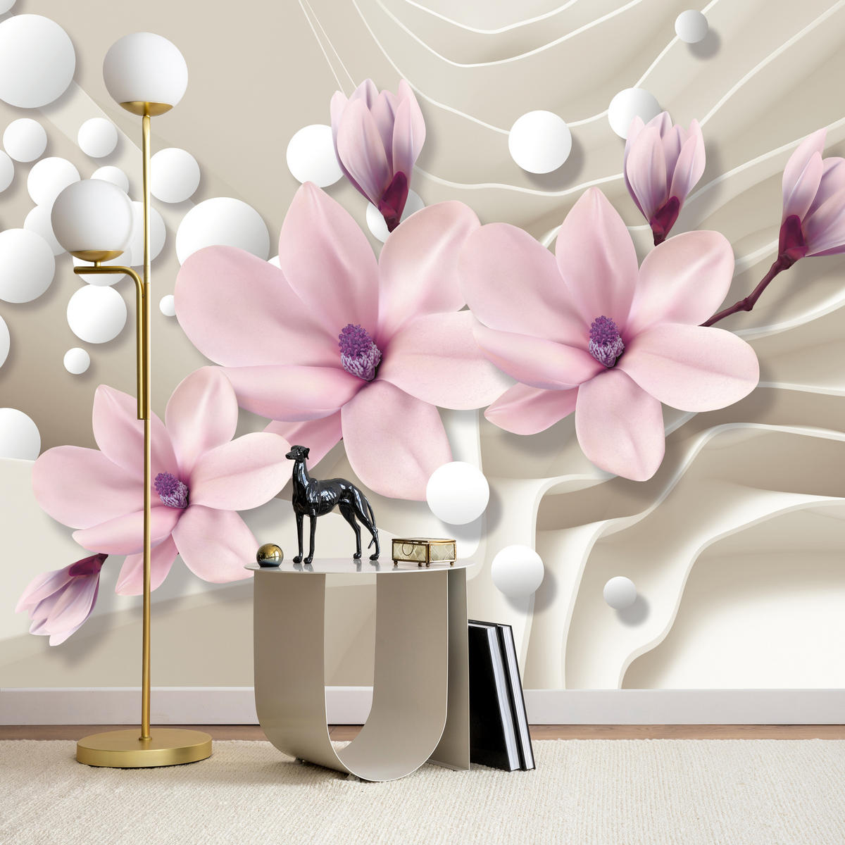 FOTOTAPETA Pre Obývaciu Izbu KVETY Magnólie RUŽOVÁ Vlnité Priestorové Pozadie 450 x 315 cm - biela/ružová, papier (450/315cm) - Muralo
