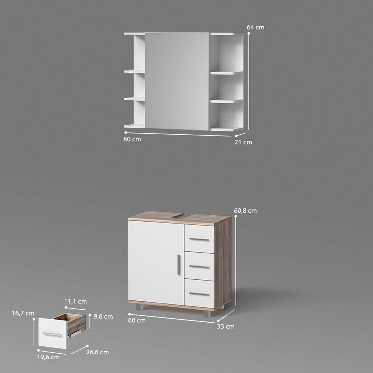 BADMÖBEL-SET Eisak Sonoma 2 Teile - Weiß/Sonoma Eiche, Holzwerkstoff (60/60/33cm) - Livinity®
