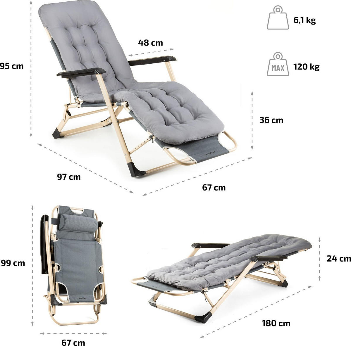GARTEN-RELAXSESSEL mit Kissen, 180/52 cm, bis 120 kg - Grau, Metall (180/76/52cm) - Outtec