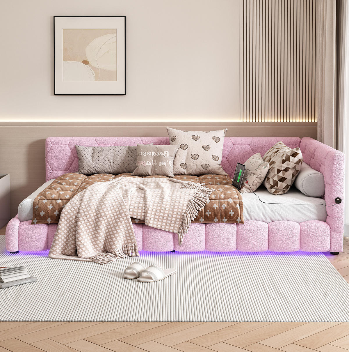 BETT 90/200 cm in Rosa mit LED-Beleuchtung und USB- und Type-C-Anschlüssen - Rosa, Textil (90/200cm) - Flora Grace