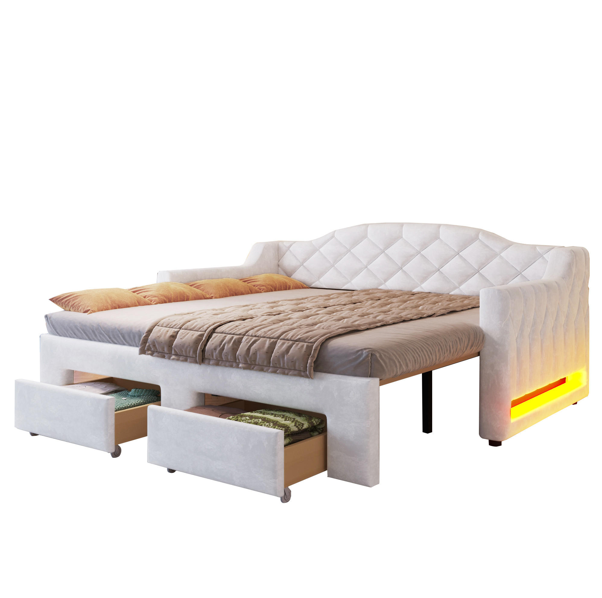 DENNÁ posteľ 90/200 cm biela rozkladacia na 180/200 cm s LED a zásuvkami z MDF, preglejky a zamatu - biela, textil (90/200cm) - OKWISH