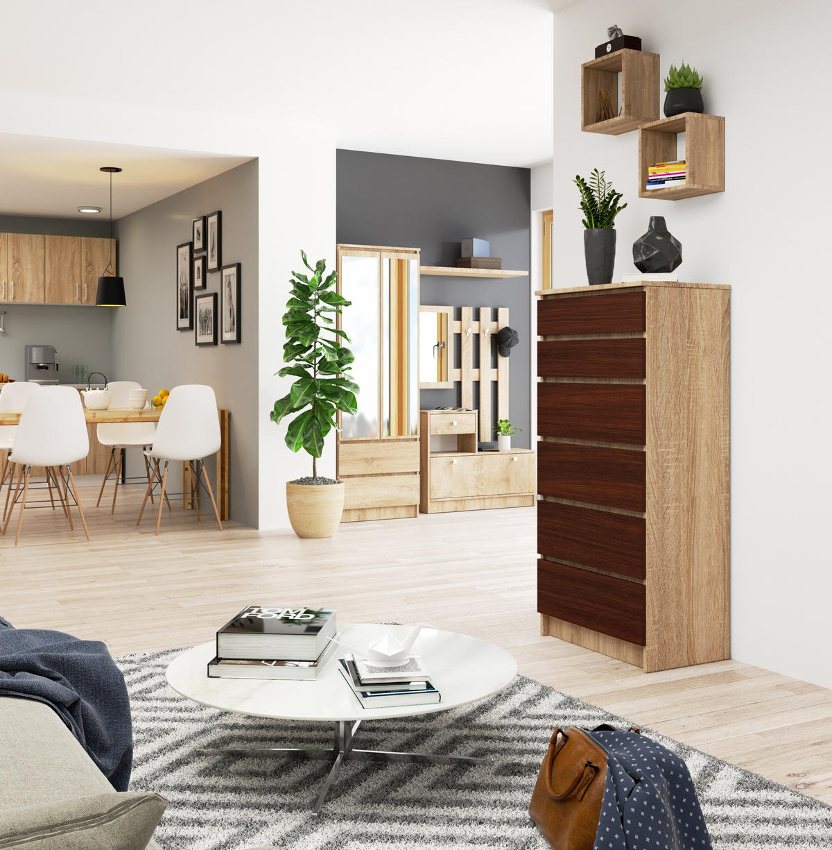 KOMMODE Eiche Sonoma, Dunkelbraun 130/60/40 - Dunkelbraun, Holzwerkstoff (60/130/40cm) - RAUMHIRSCH FURNITURE