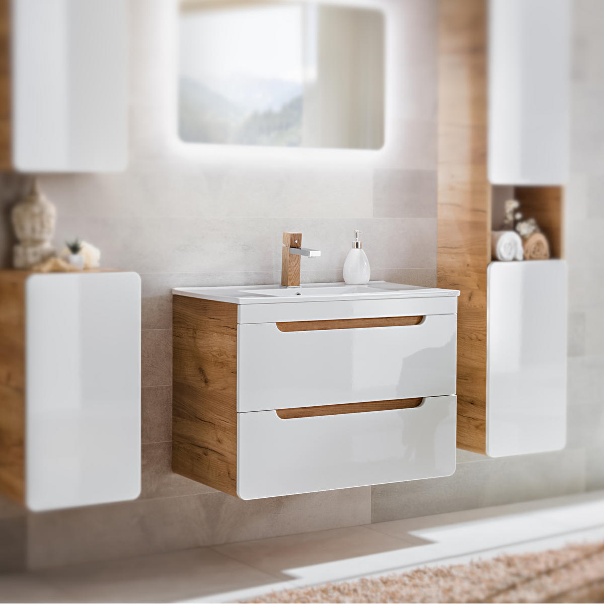 WASHTISCHKOMBI ARVIDA SET2 Eiche Weiß - Weiß, Glas/Holzwerkstoff (80/59/46cm) - Komodee