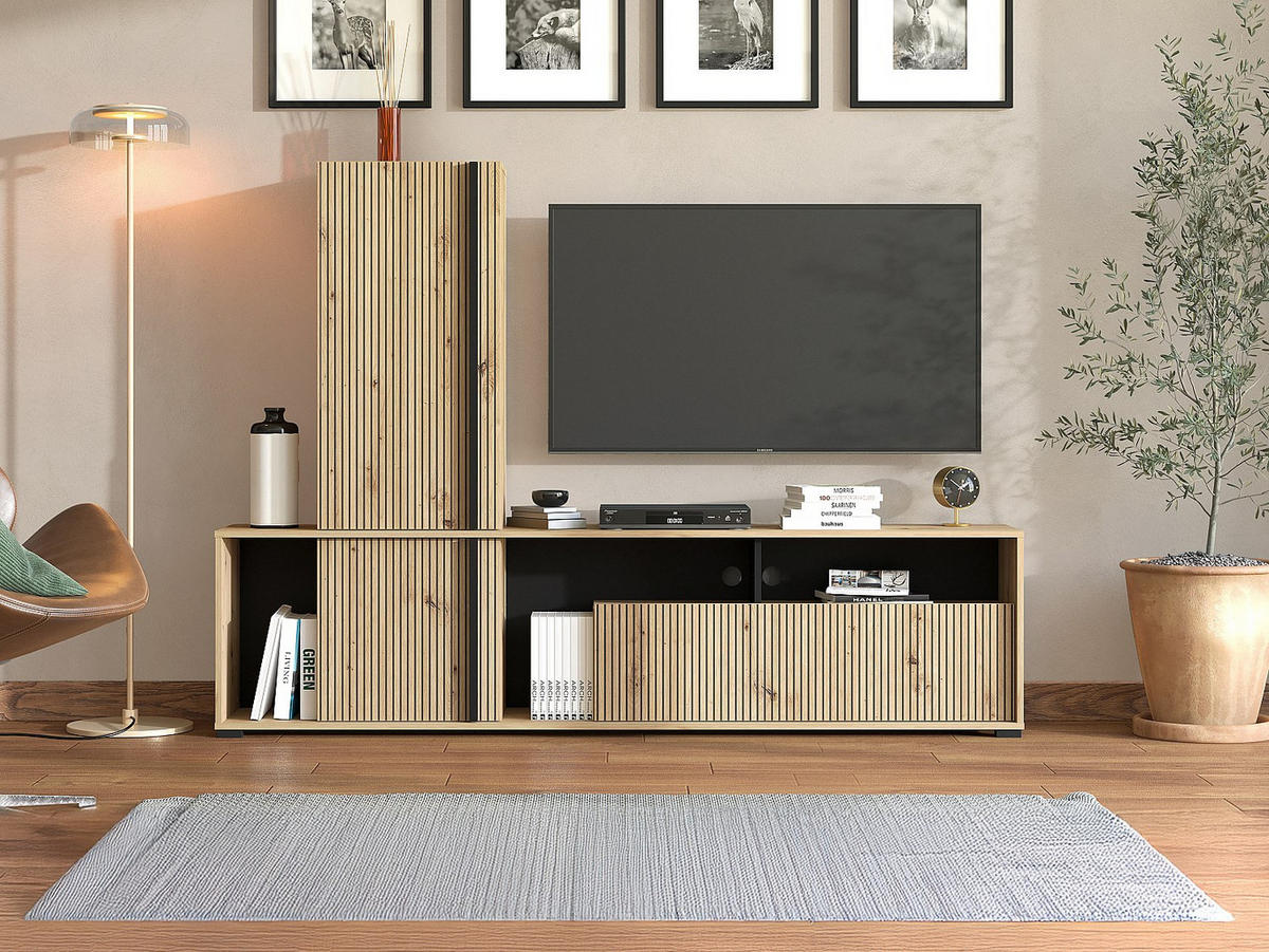 TV-WAND - 195.5 x 33 - holz - schwarz, naturfarben hell Belutzy - Schwarz/Naturfarben, Holz (195.5/139.5/33cm) - Vente-Unique