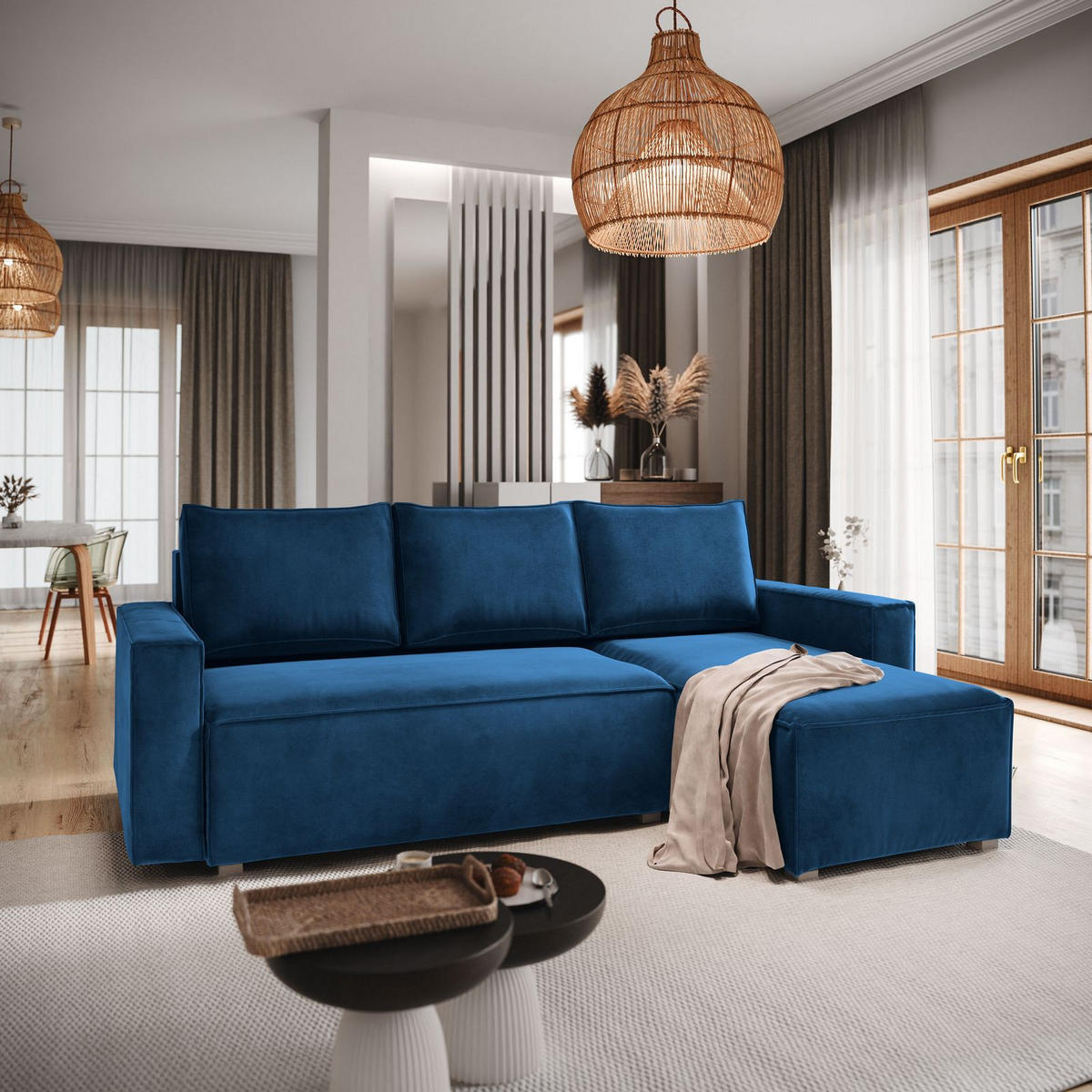 ECKSOFA SILES Blau Velours-Stoff mit Schlaffunktion - Blau, Holz (230/140cm) - MASSENO