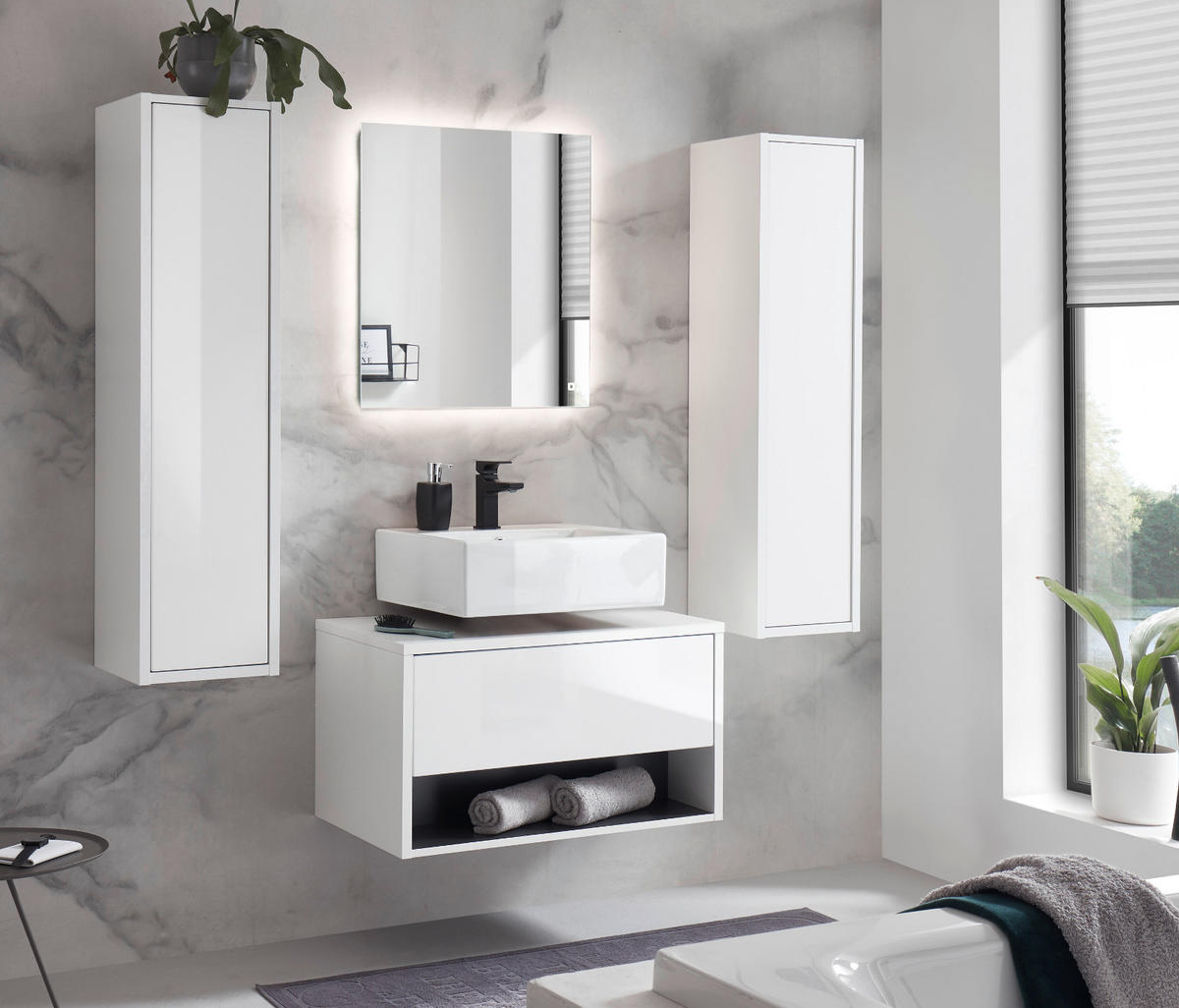 BADMÖBEL-SET 4-teilig weiß Hochglanz, grau, Badezimmerschränke mit LED Beleuchtung 160 cm - Weiß Hochglanz/Grau, Glas/Holzwerkstoff (160/190/46cm) - Furn.Design