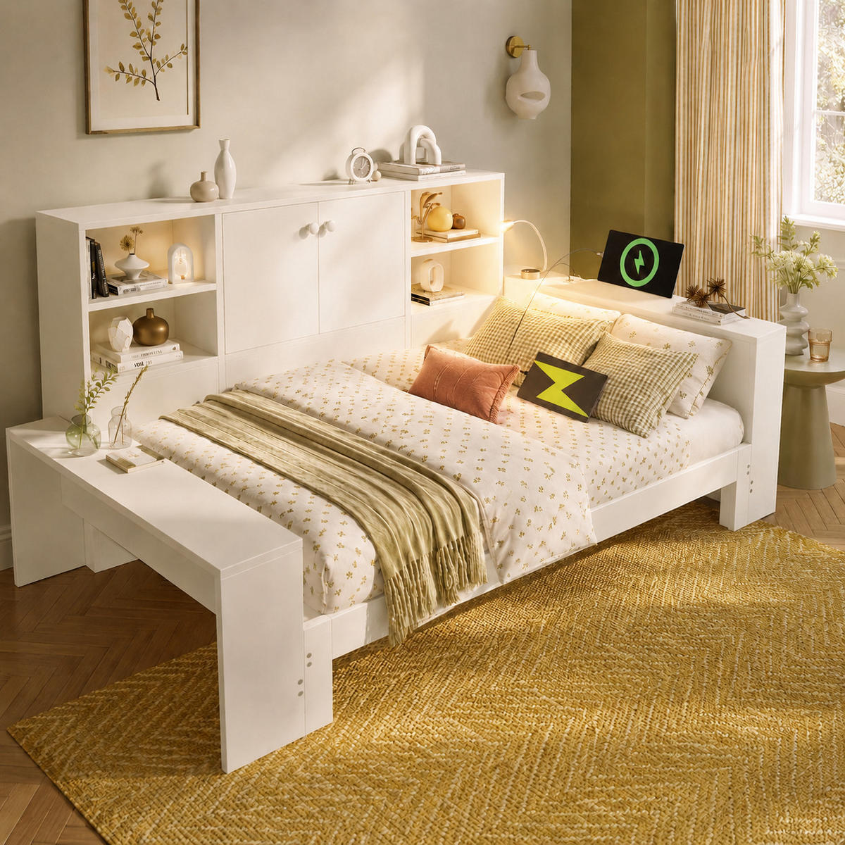 BETT 90/200 cm & 180/200 cm in Weiß mit Ausziehbett, Stauraum, USB, Type-C und LED Holz Design - Weiß, Holzwerkstoff (90/200cm) - STILVORA