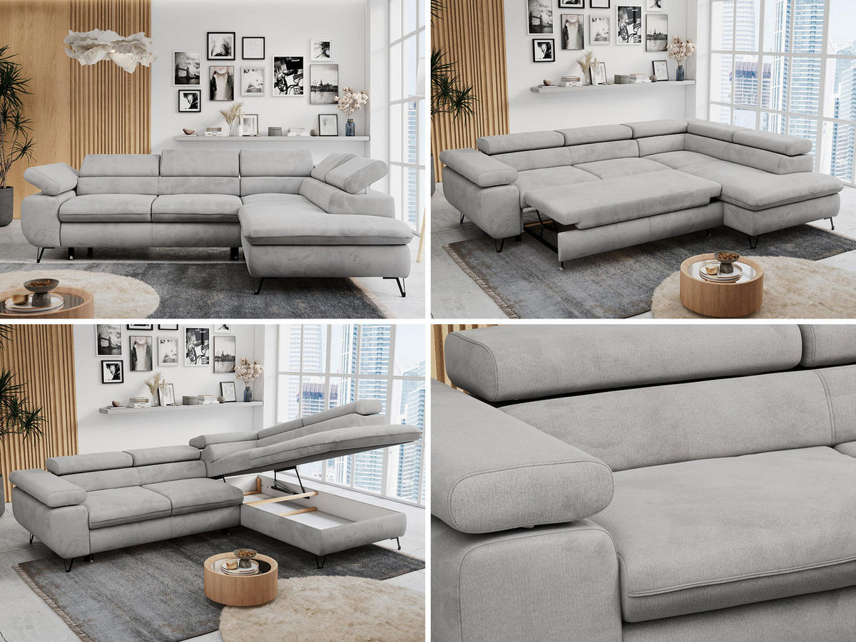 ECKSOFA PETER L Hellgrau Velvet - Rechts Seite - Hellgrau/Schwarz, Textil/Metall (273/208cm) - MKS
