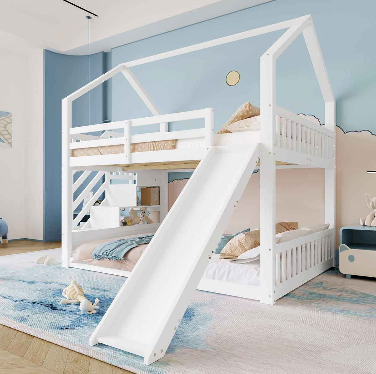 ETAGENBETT 140/200 cm mit Stauraumtreppe, Rutsche und Hausdesign aus Kiefernholz, Weiß/Grau - Weiß, Holzwerkstoff (140/200cm) - Redom