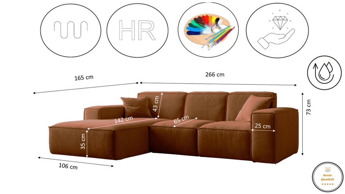 ECKSOFA L-Form Siena Stoff Salvador Kupfer Links - Orange, Holz (165/266cm) - Kaiser Möbel