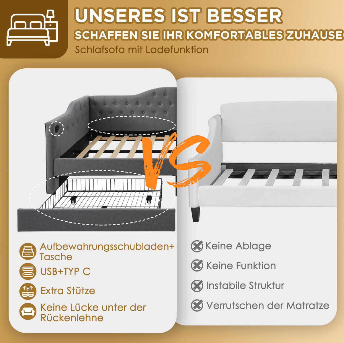 POLSTERBETT 90/200 cm Grau aus Leinen mit 2 Schubladen - Grau, Textil (90/200cm) - OKMYHOME