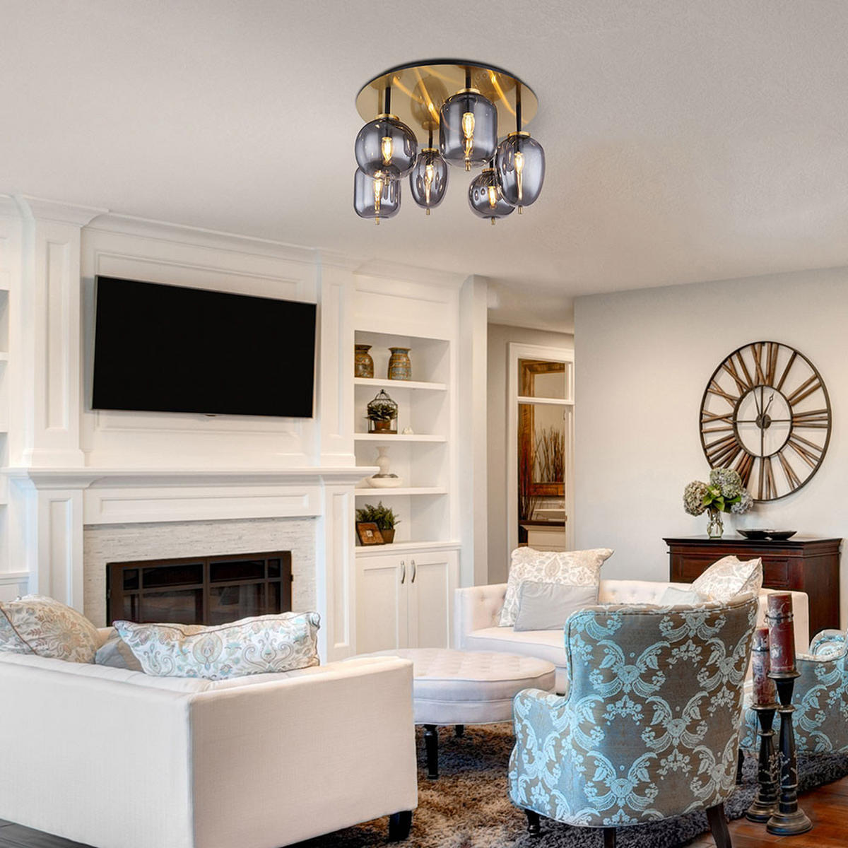 DECKENLEUCHTE Metall Glas Grau 6 Flammig - Grau, Glas (65/65/38cm) - Globo Lighting