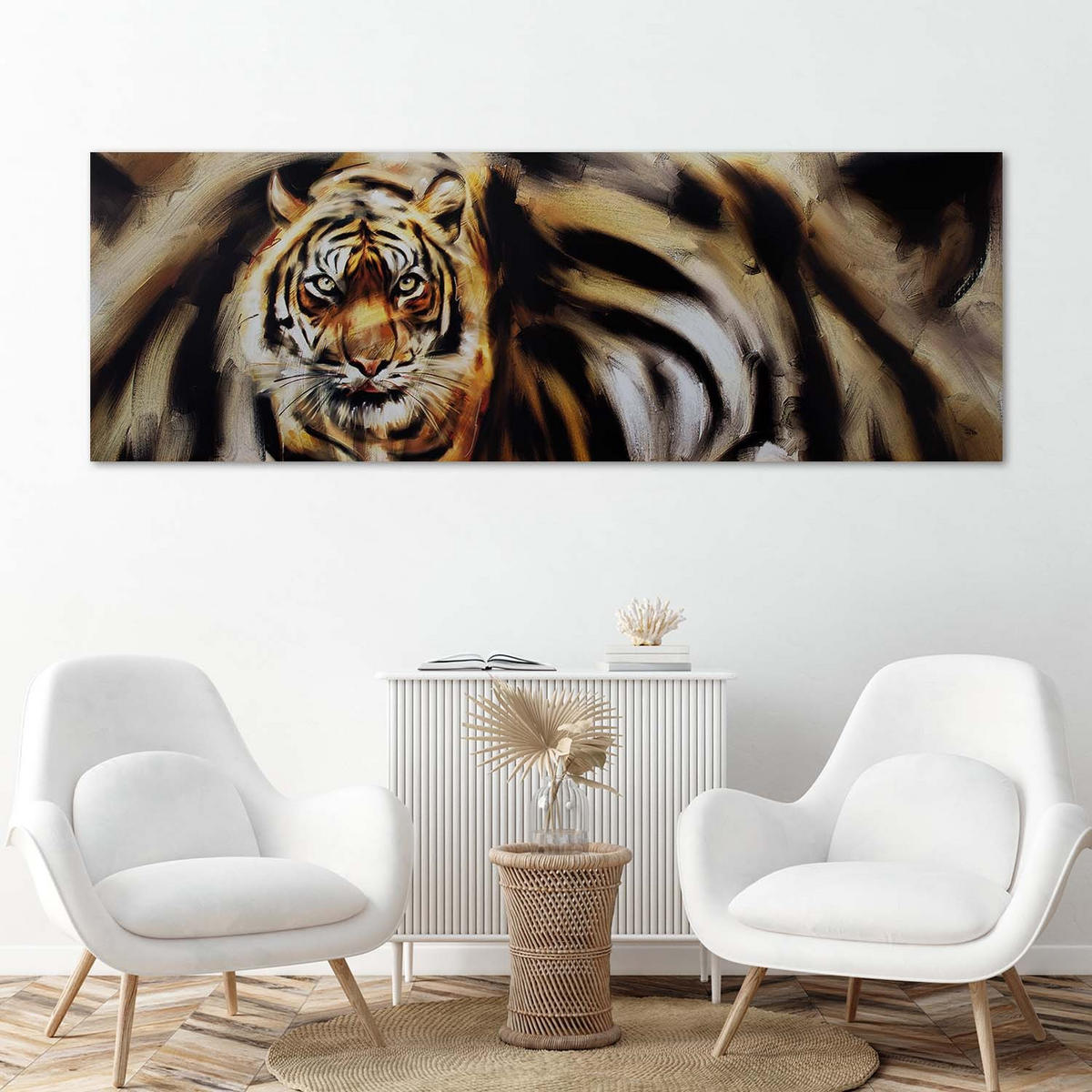 WANDBILD tiger als handgemalter - Orange, Textil (90/30cm) - Feeby