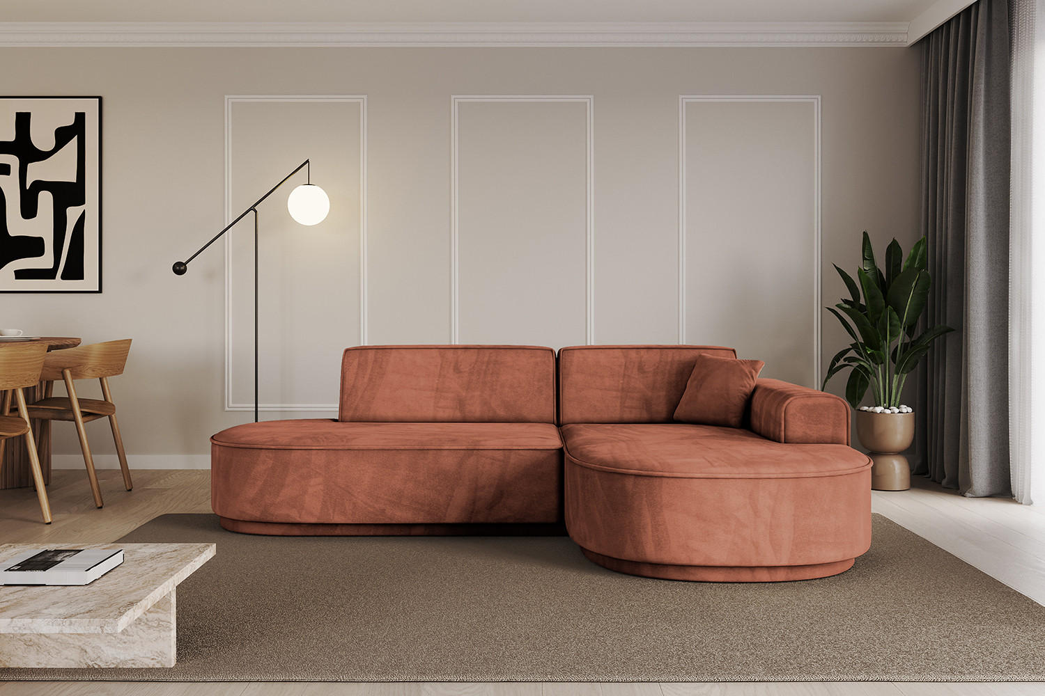 ECKSOFA Ottomane Rechts MARI-L1-v3 - 232x163x81 cm Koralle Velours - Koralle/Schwarz, Holzwerkstoff/Kunststoff (232/163cm) - ALTDECOR