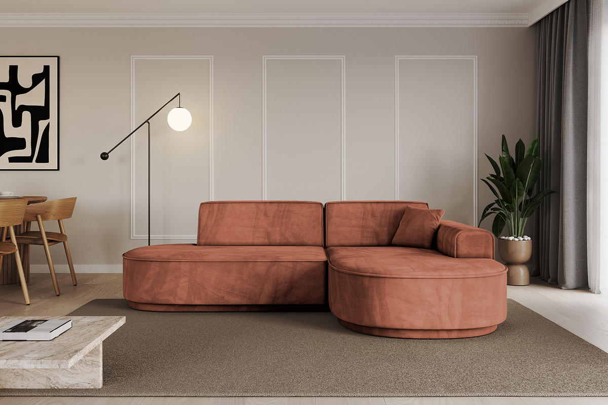 ECKSOFA Ottomane Rechts MARI-L1-v3 - 232x163x81 cm Koralle Velours - Koralle/Schwarz, Holzwerkstoff/Kunststoff (232/163cm) - ALTDECOR