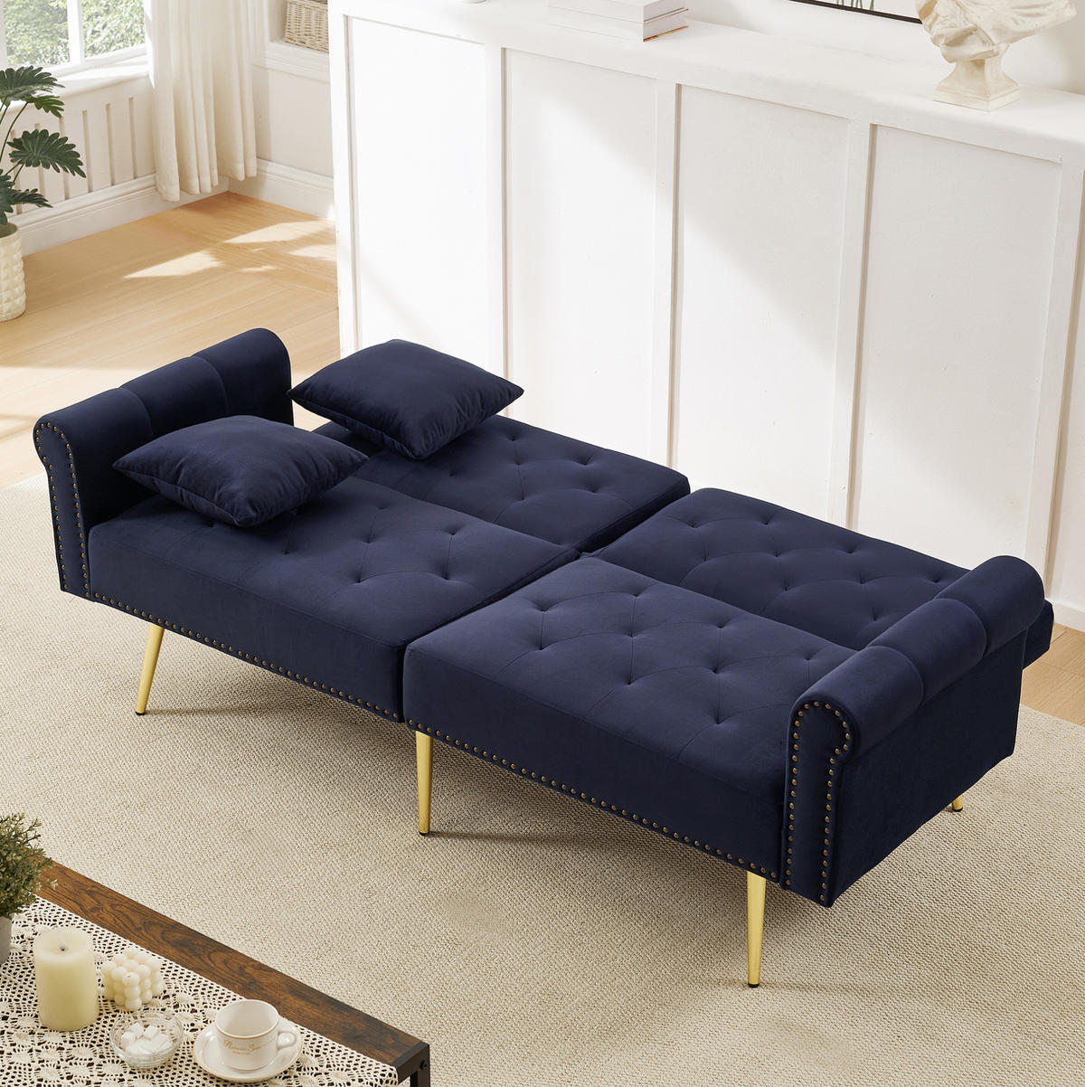 SCHLAFSOFA aus Samt 147x85 cm Antikblau mit 3-stufig verstellbarer Rückenlehne und goldfarbenen Metallfüßen - Blau, Kunststoff (75/70/173cm) - Modfu