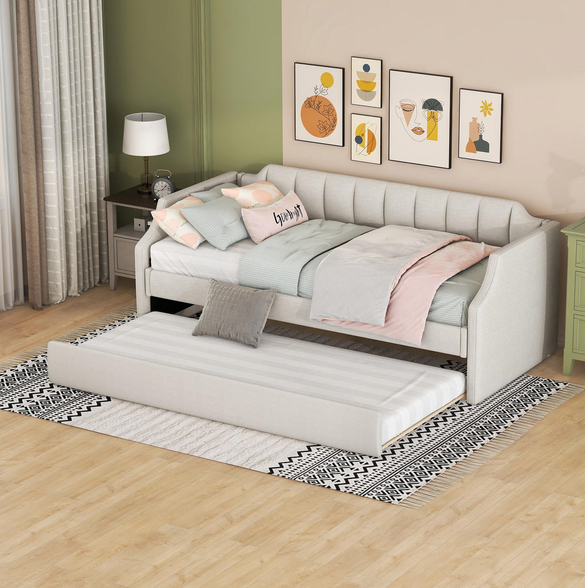 POLSTERBETT 90/200 cm Beige aus Leinen und Sperrholz mit Rollbett - Beige, Textil (90/200cm) - OKMYHOME