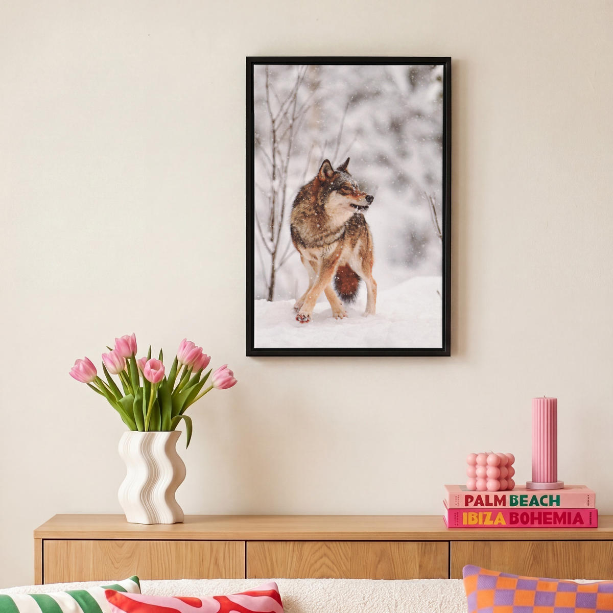 LEINWAND Bilder mit Rahmen - Wolf - Winter - Schnee - Natur - Tiere - 20x30 - Haselnussfarben, Textil (20/30cm) - MuchoWow