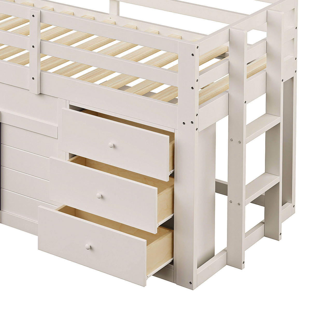 HOCHBETT 90/200 cm creme aus MDF mit Rutsche und Schubladen - Weiß, Holzwerkstoff (90/200cm) - OKWISH