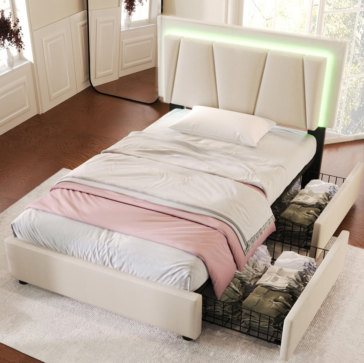 POLSTERBETT 90/200 cm aus Holz mit LED-Beleuchtung und 2 Schubladen Beige - Beige, Holz (90/200cm) - Modenvie