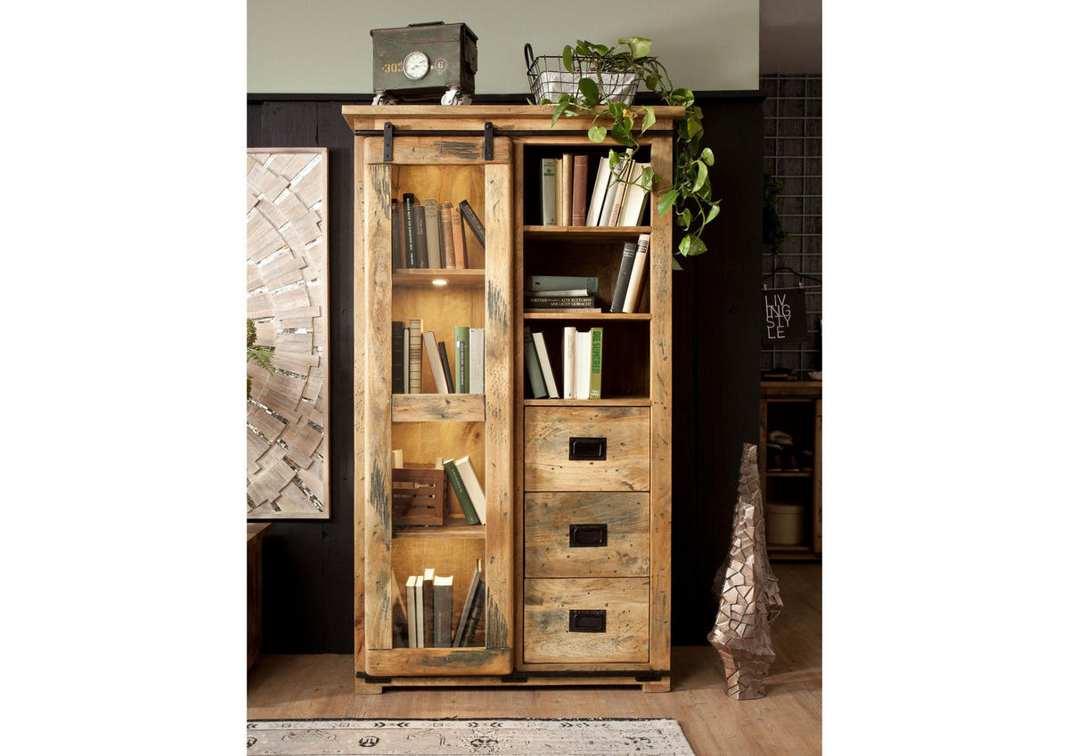 VITRINE Mango 100x45x175 natur lackiert RAILWAY #126 - Braun, Holz (100/175/45cm) - Massivmoebel24