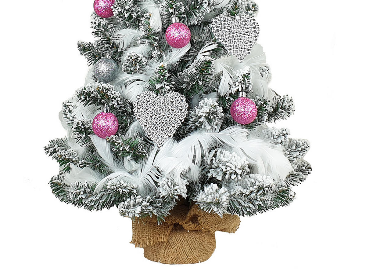 WEIHNACHTSBAUM künstlicher 60 cm mit LED-Beleuchtung, PERLENHERZ, mit 32 Weihnachtsbaumschmuck, Pflanztopf mit Jutesack - Pink/Silberfarben, Kunststoff/Stein (40/60cm) - LAALU