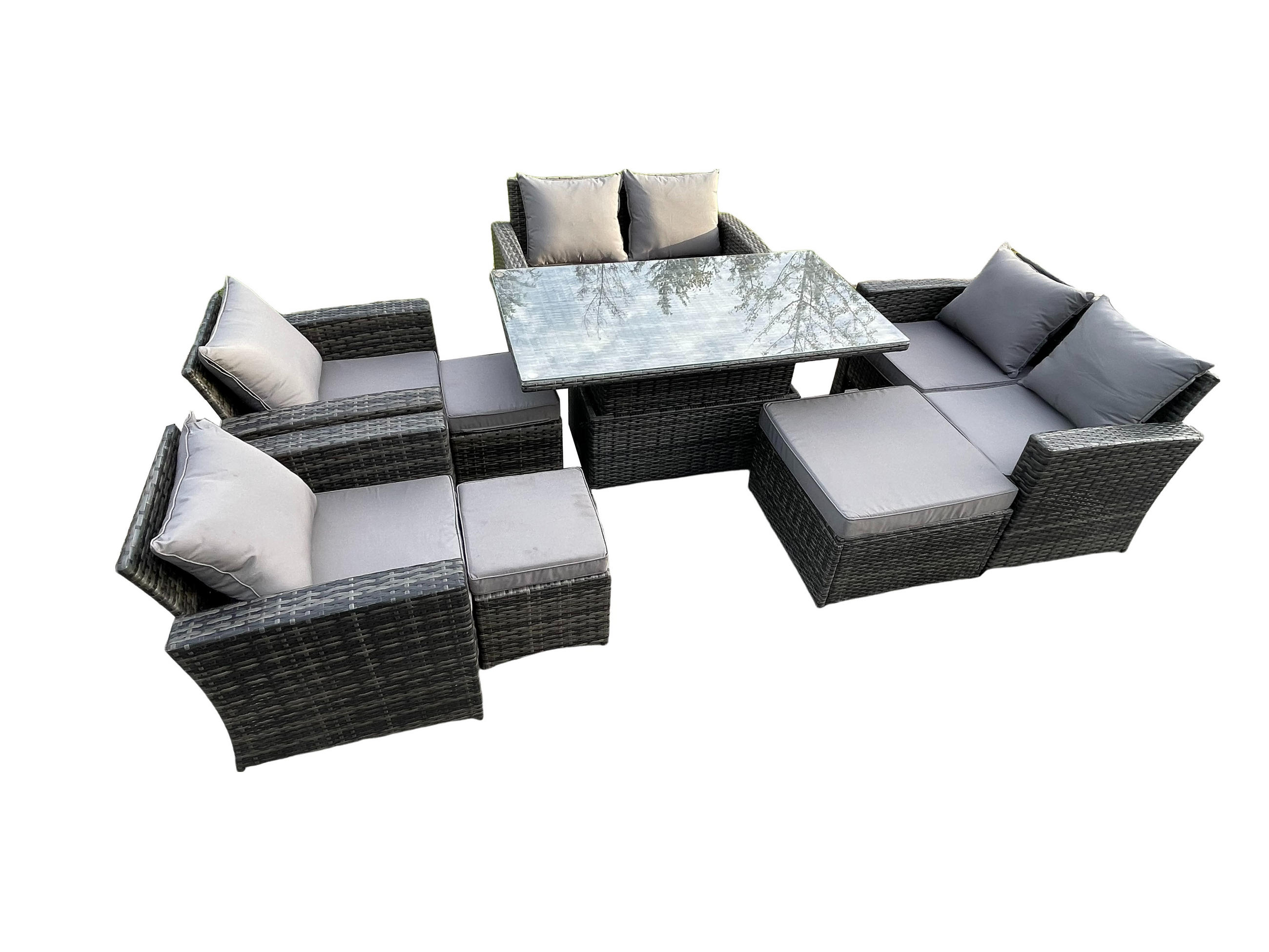 GARTENMÖBEL SET mit höhenverstellbarer Tisch Polyrattan Dunkelgrau 9-Sitzer - Dunkelgrau, Metall - Fimous