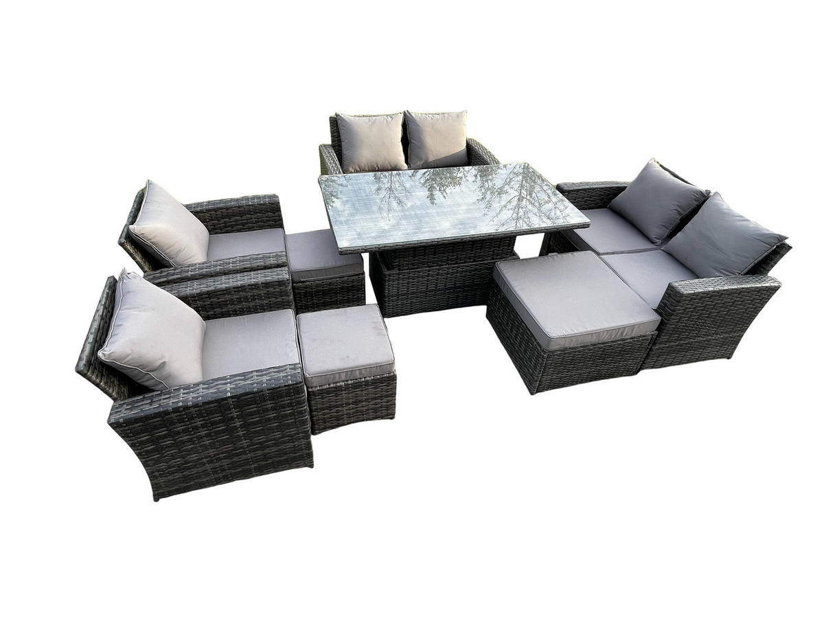 GARTENMÖBEL SET mit höhenverstellbarer Tisch Polyrattan Dunkelgrau 9-Sitzer - Dunkelgrau, Metall - Fimous