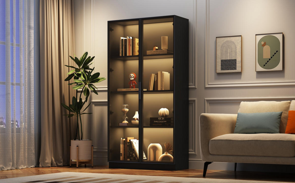 VITRINE 80/40/160 cm in Schwarz mit LED-Beleuchtung und Glastüren - Schwarz, Holzwerkstoff (40/160/80cm) - Flora Grace