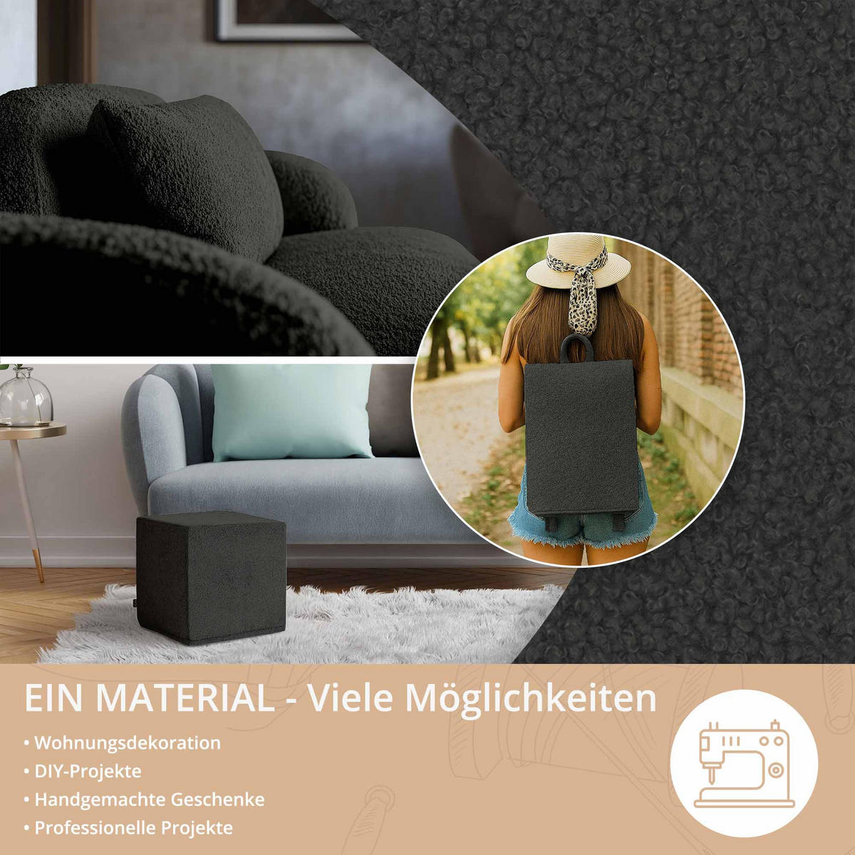 BOUCLESTOFF Quelle Dunkelgrau– 315 g/m², 140 cm breit, weich & robust, feuer- & UV-resistent - Schwarz, Textil (140/100cm) - Dreamroots