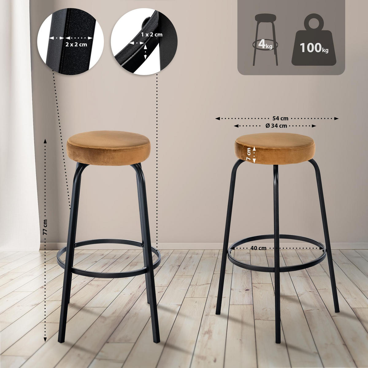 BARHOCKER Samt Coffee - Schwarz/Braun, Textil/Metall (54/77/54cm) - CLP