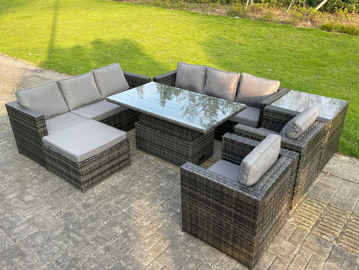 GARTENMÖBEL SET Polyrattan 9-Sitzer - Dunkelgrau/Grau, Glas/Kunststoff - Fimous