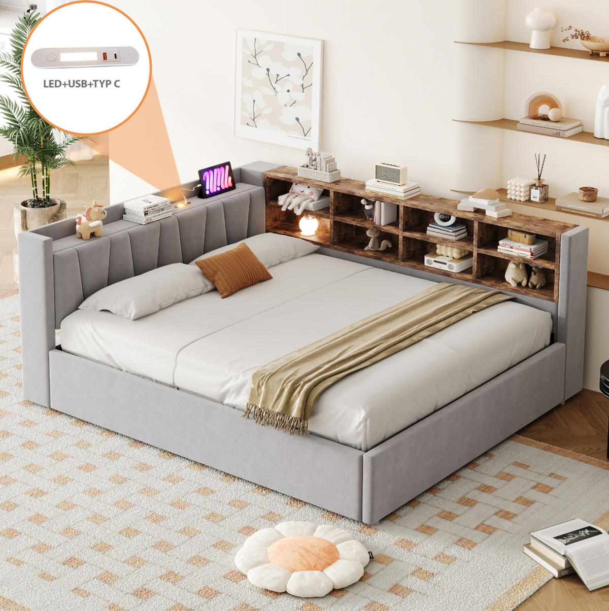 POLSTERBETT Schlafsofa aus Samt 140x200 cm Hellgrau mit hydraulischem Stauraum, Nachtlicht und USB-/Typ-C-Anschlüssen - Hellgrau, Textil (140/200cm) - Modfu