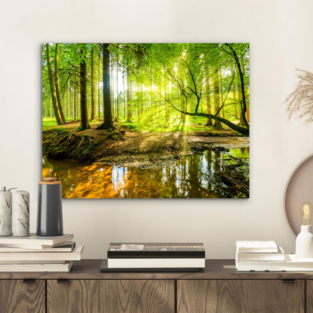 METALLBILD Wald - Landschaft - Wasser - Bäume - Sonne - Grün - Natur 40x30 cm - Grün, Metall (40/30cm) - MuchoWow
